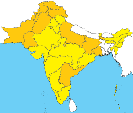English: Map of the subcontinent showing areas where Urdu is official or co-official [orange] and where Hindi is official [yellow]. ~ Kwamikagami at English Wikipedia