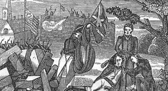 The death of American General Pike at the Battle of York, 27 April 1813 (courtesy Canadian Military History Gateway, Government of Canada).