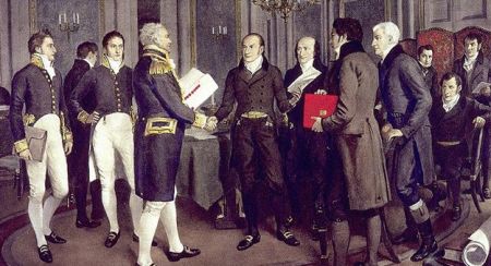 In his 1914 painting A Hundred Years Peace, artist Amedee Forestier illustrates the signing of the Treaty of Ghent between Great Britain and the US, 24 December 1814 (courtesy Library and Archives Canada/C-115678).