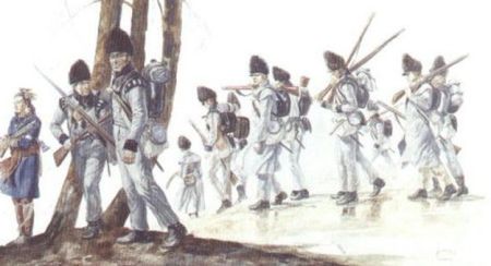 Canadian voltigeurs prepare to defend Lacolle Mills during the War of 1812 (painting by G.A. Embleton, courtesy Parks Canada)