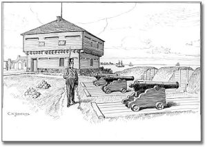 Blockhouse and Battery in Old Fort, Toronto, 1812, [ca. 1921] C. W. Jefferys Pen and ink drawing on paper 29.2 cm x 36.8 cm (11.5" x 14.5") Government of Ontario Art Collection, 621228